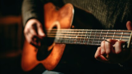 Fototapeta premium Person Playing Acoustic Guitar in Cozy Indoor Setting