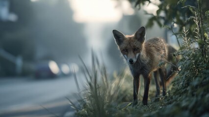 Fototapeta premium A fox stands at the edge of a grassy verge by a quiet street, looking toward the camera with soft morning light. Concept Fox portrait at dawn, wildlife on grassy verge, quiet street scene
