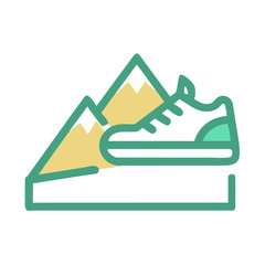 Minimalist design illustration of a hiking shoe on top of mountains on black