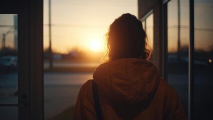 Back view of a person in a yellow jacket standing at an open doorway, watching the sunset. Concept Back view portrait, Yellow jacket, Open doorway, Sunset glow, Silhouette