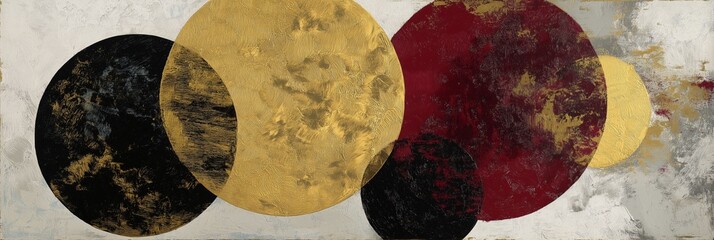 Abstract circles overlapping a textured gold black red composition. Abstract composition featuring overlapping circular forms of varying sizes and colors on a textured background
