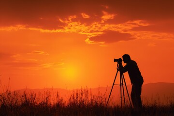 Silhouette Photographer Using Camera on Tripod During Vibrant Sunset in Open Field