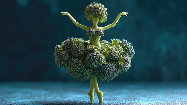 A broccoli figure dressed as a ballerina, with arms raised in a graceful dance pose. Concept Whimsical vegetable art, Broccoli ballerina, Dance pose illustration, Kiddie-friendly food art - Powered by Adobe