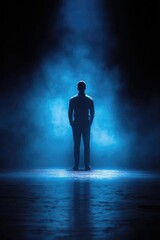 Obraz premium Silhouette of a person standing on a blue-lit, foggy stage with their back to the camera. Concept Silhouette portrait, Blue-lit stage, Foggy atmosphere, Back view, Theatrical mood