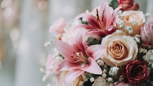 A bouquet of pink lilies and pastel roses with white baby's breath. Concept Pink Lily Bouquet, Pastel Roses, White Baby's Breath, Elegant Floral Arrangement