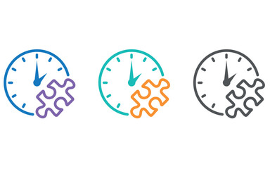 Time Management and Problem Solving Icons Set with Clock and Puzzle Pieces