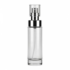 Obraz premium Clear glass perfume bottle with silver cap isolated on white background