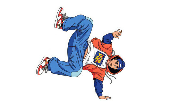 Breakdancer in orange and blue outfit performing acrobatic move