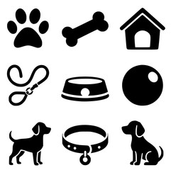 A black and white grid of nine black silhouette icons related to dogs and pets no background