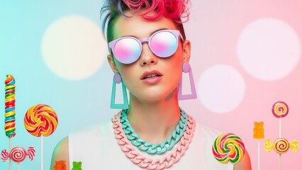 A vibrant, stylish young woman with colorful hair and reflective sunglasses surrounded by an assortment of sweet candies and lollipops.