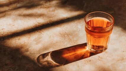 A glass of amber liquid on a sunlit, textured surface, casting a long shadow. Concept Amber liquid in glass, Sunlit textured surface, Long shadow, Still life, Warm tones