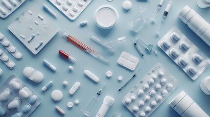Medical Pills and Capsules Flat Lay on Blue Background