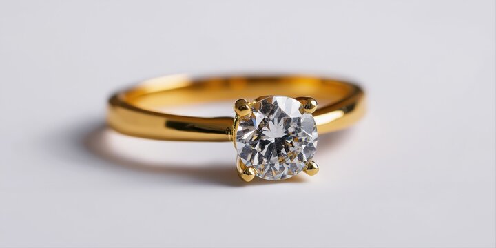 Elegant gold ring with sparkling diamond on white background