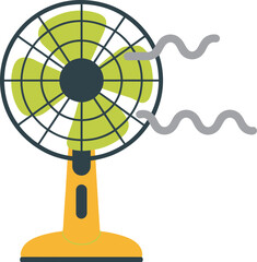Yellow Electric Desk Fan Vector Illustration with Air Flow Cooling Waves