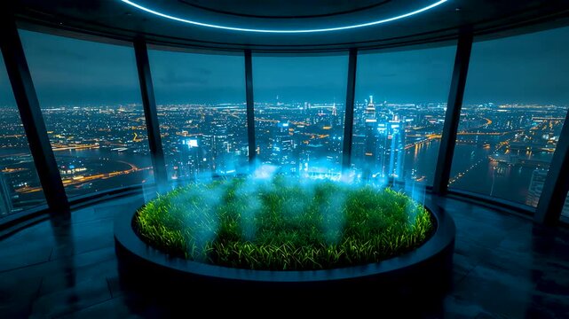 Glowing Blue Energy Orb Platform Overlooking Night City Skyline from Skyscraper Observatory