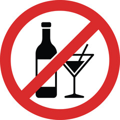 No Alcohol Sign with Red Prohibition Circle over Bottle and Cocktail Glass Icon