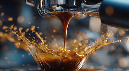Coffee drop falling from a coffee machine during espresso making process. Delicious morning drink preparation concept.