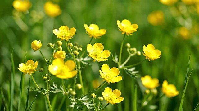 Closeup of bright yellow buttercup flowers blooming in a lush green meadow on a sunny day.