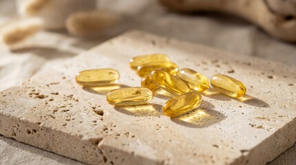 Golden gel capsules on travertine stone.