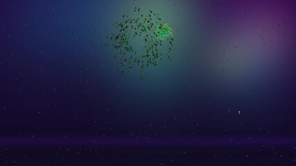 Firework animation with colorful bursts over dark sky during evening celebration near city skyline