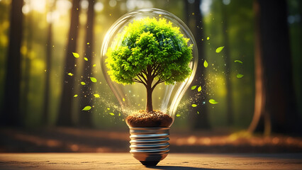 Tree growing inside a light bulb in forest