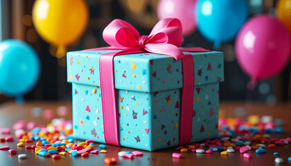 Beautifully wrapped gift box with pink ribbon and colorful confetti on a festive background with balloons