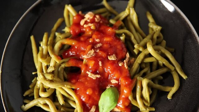 Green string beans tomato sauce main course natural food product appetizer tasty snack fresh delicious gourmet food background on the table rustic food top view copy space keto and paleo diet vegetari