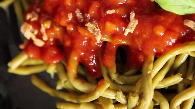 Green string beans tomato sauce main course natural food product appetizer tasty snack fresh delicious gourmet food background on the table rustic food top view copy space keto and paleo diet vegetari