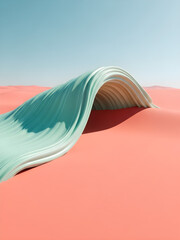Abstract wave sculpture on peach sand landscape under blue sky  