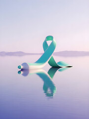 Teal awareness ribbon floating on calm water at sunrise  