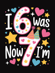 Colorful text design celebrating a 7th birthday with vibrant numbers and party hats.