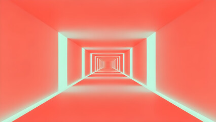 Abstract corridor with glowing red walls and soft teal lighting  