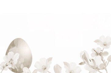 Minimal Easter background with white egg and spring flowers
