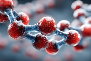 Molecular structure showcasing red, blue, and white spheres connected by bonds in a scientific composition representing chemical interactions and molecular diversity