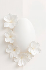 Minimal Easter background with white egg and spring flowers