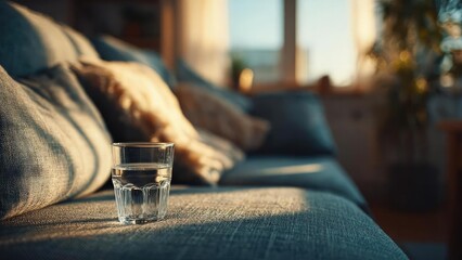 A glass of water rests on a blue couch bathed in warm sunlight in a cozy living room. Concept Warm sunlight in a cozy living room, Glass of water on a blue couch, Calm home ambience