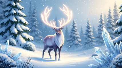 Majestic reindeer standing in snowy forest with glowing antlers