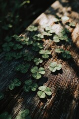 Fototapeta premium Four-leaf clovers spread across a sunlit, weathered wooden plank. Concept Nature photography, Four-leaf clovers, Sunlit textures, Weathered wood, Macro close-up