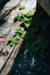Fototapeta premium Green clover leaves growing along a weathered wooden plank. Concept Macro close-up of green clover leaves on a weathered wooden plank, Rustic wood texture with clover growth
