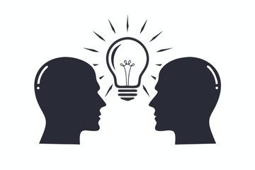 Two heads in silhouette, linked by a bright, symbolic lightbulb, representing collective thinking and unified inspiration.