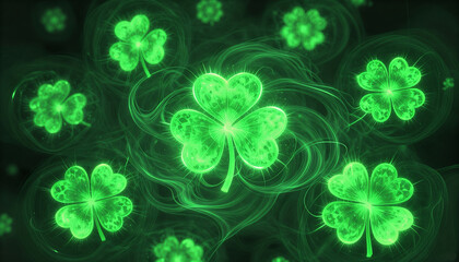 Abstract image of clovers created from neon green fractals on an artistic background for St. Patrick's Day
