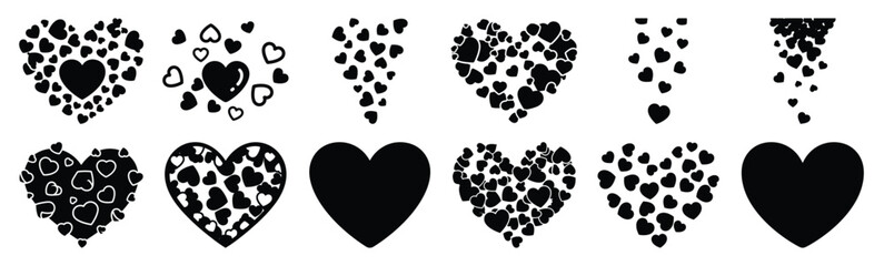 Collection of valentine heart shaped confetti silhouette icon set. Happy valentines day icons black silhouette illustration art