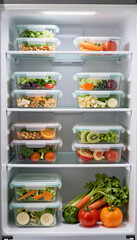 Neatly arranged refrigerator shelves with evenly placed containers for meal prep