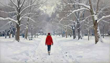 Woman walking on a snow-covered pathway in a winter park, oil painting