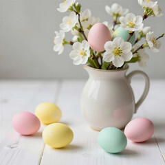 Easter still life with painted eggs and spring flowers