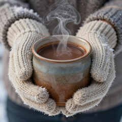 Hands holding a ceramic mug with hot chocolate in frosty weather