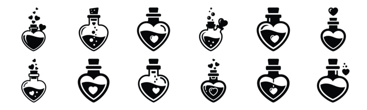Collection of valentine heart love potion silhouette icon set. Happy valentines day icons black silhouette illustration art