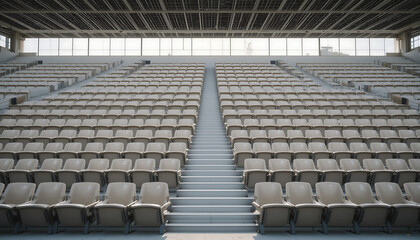 Obraz premium Empty stadium seating area with rows of chairs and stairs in a modern sports arena
