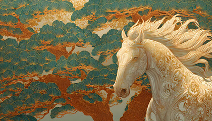 金色の馬と松をモチーフにした縁起の良い和風イラスト。正月、年賀状、干支、祝い事に使いやすい高級感ある背景デザイン。伝統模様や金箔風が品のある和の雰囲気を演出する素材。