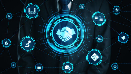 Business concept icons showing mergers and acquisitions, partnership, investment, and growth....